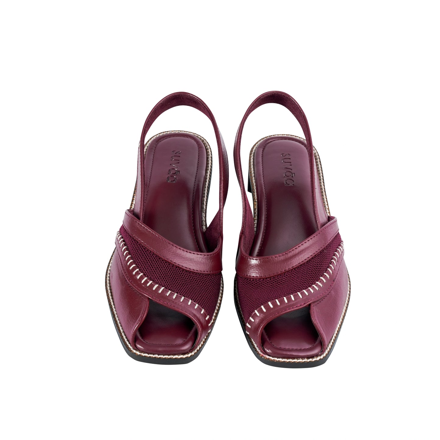 Pair of Burgundy mid-heeled sandals on a white background