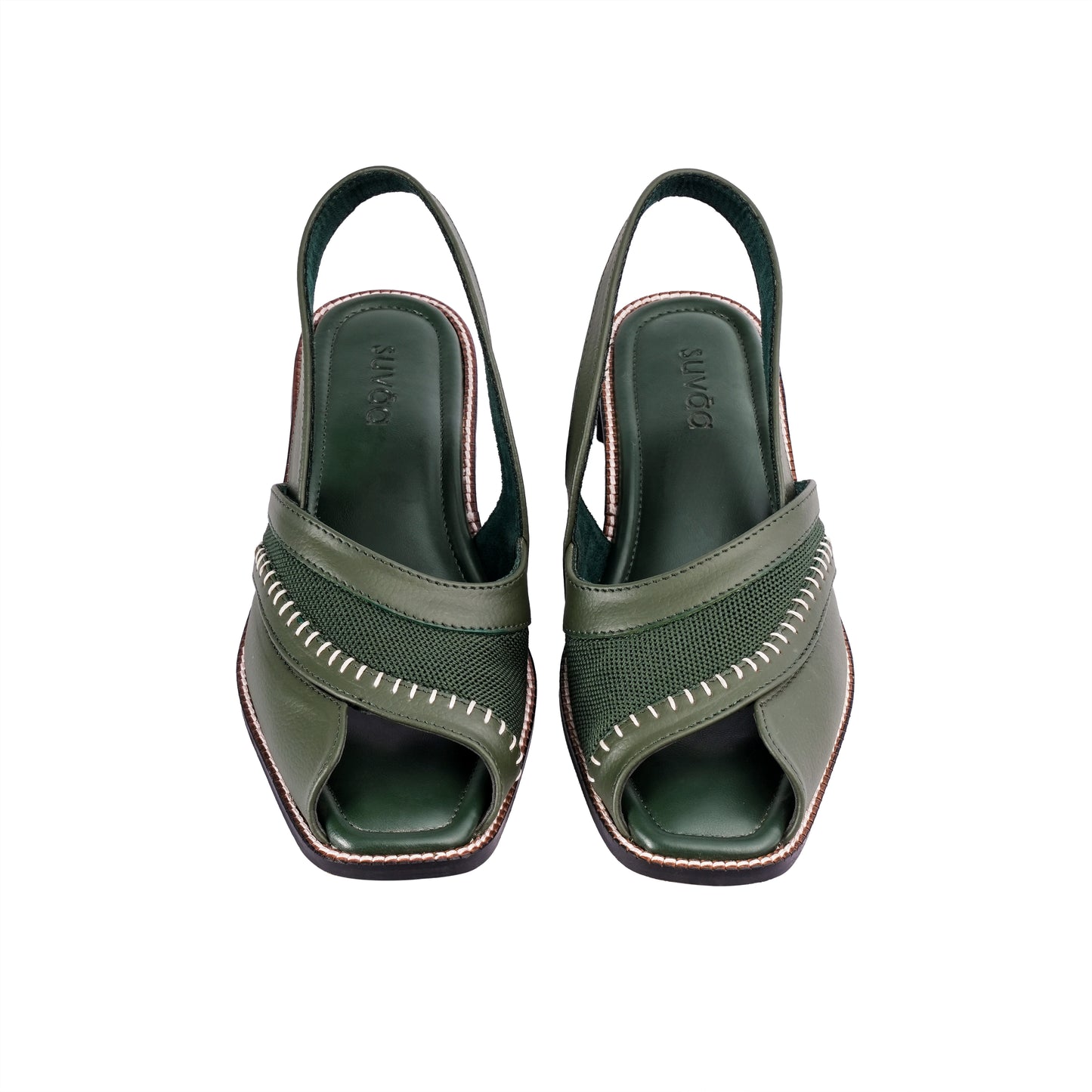 Pair of green open-toe high-heeled shoes on a white background