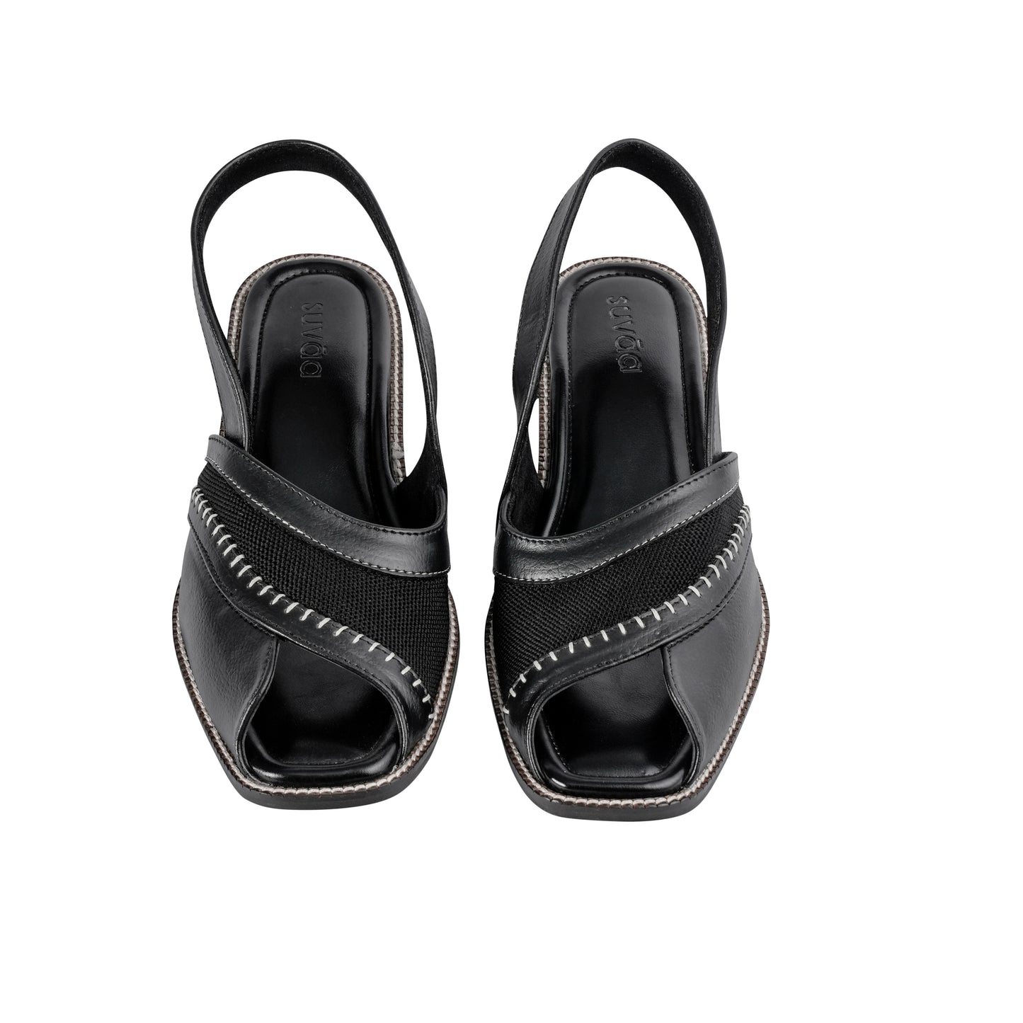 Pair of black open-toe sandals on a white background