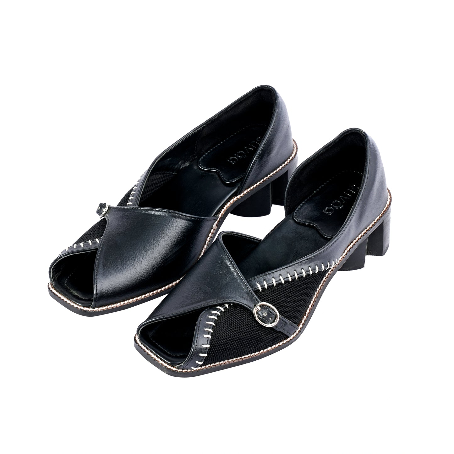 Pair of black open-toe shoes with mesh accents on a white background