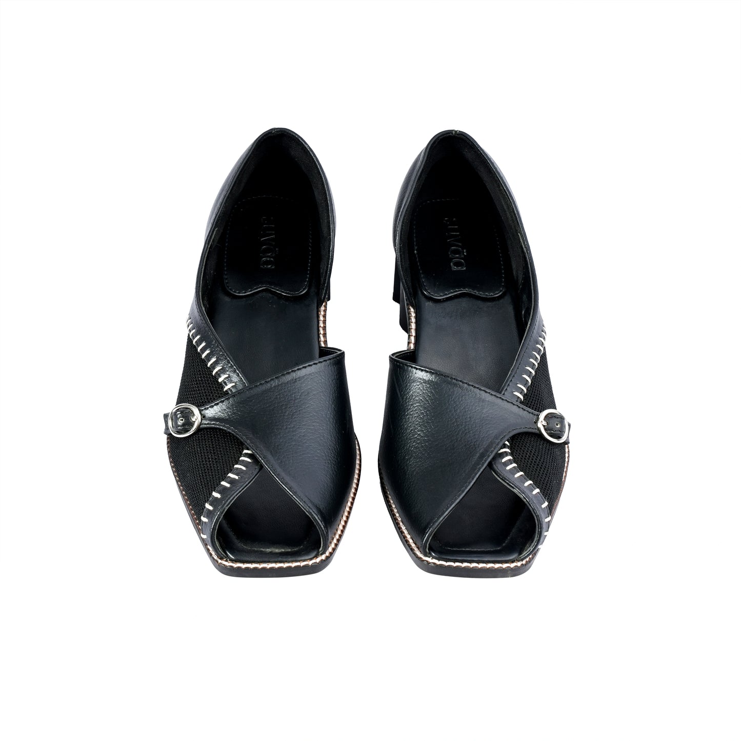 Pair of black open-toe shoes with Kantha stitch design on a white background